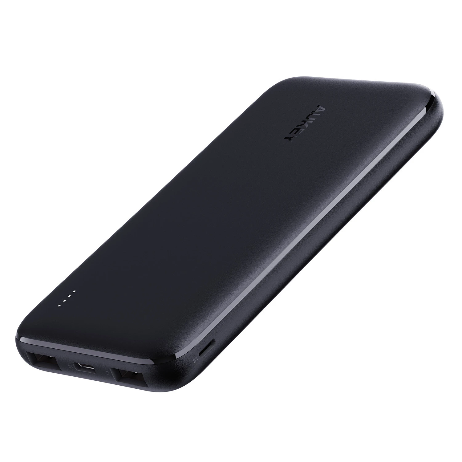 بنك طاقة نحيف من أوكي بسعة 10000 مللي أمبير - PB-N73-BK Aukey 10000mAh slim black power bank with USB-C and dual USB outputs.