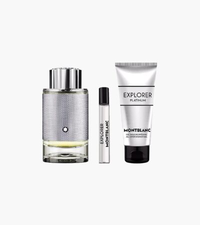 Montblanc Explorer Platinum 100ml EDP bottle showing its silver textured design.