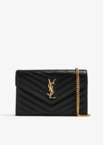Front view of Saint Laurent Monogram Chain Wallet in black leather with a gold YSL logo.
