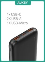 Aukey 10000mAh slim black power bank with USB-C and dual USB outputs.