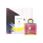 Amouage Imitation Woman perfume bottle with a vibrant neon blue and pink gradient.