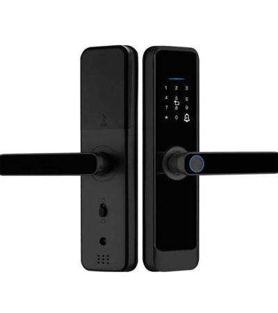 Smart Lock H03 installed on a modern door showing fingerprint scanner and keypad