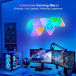 Three Nanoleaf triangular light panels glowing in different colors