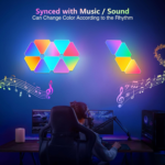 Three Nanoleaf triangular light panels glowing in different colors