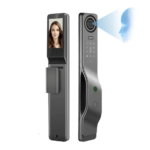 TYSH LWF27 smart lock with face recognition and video camera on a wooden door