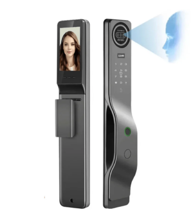 TYSH LWF27 smart lock with face recognition and video camera on a wooden door