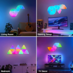 Three Nanoleaf triangular light panels glowing in different colors