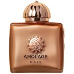 Elegant glass bottle of Amouage Dia Woman Eau de Parfum with a rose-gold cap.