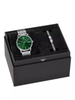 Emporio Armani men's watch and bracelet gift set featuring a green sunray dial.