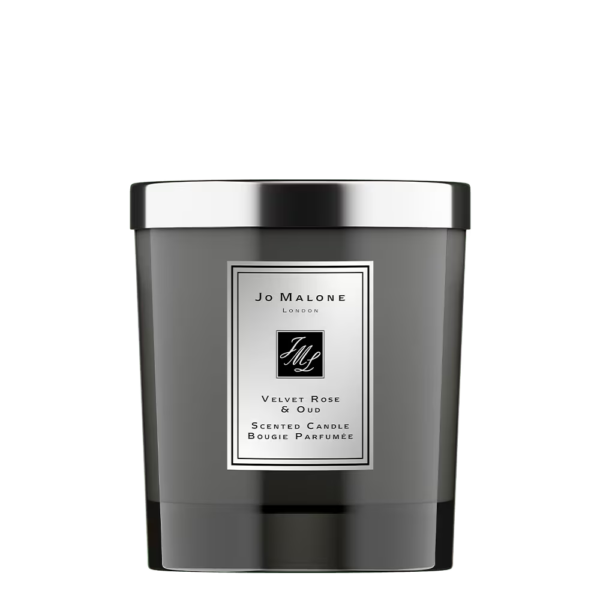 Jo Malone London Velvet Rose and Oud 200g home candle in clear glass.
