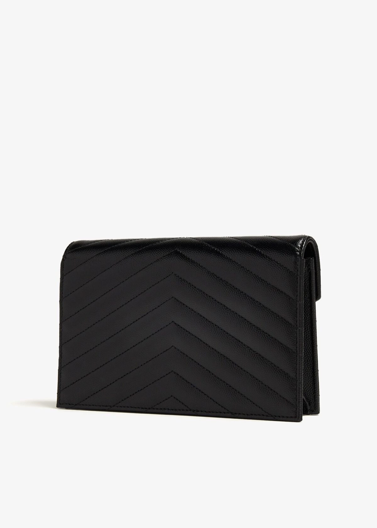 Front view of Saint Laurent Monogram Chain Wallet in black leather with a gold YSL logo.