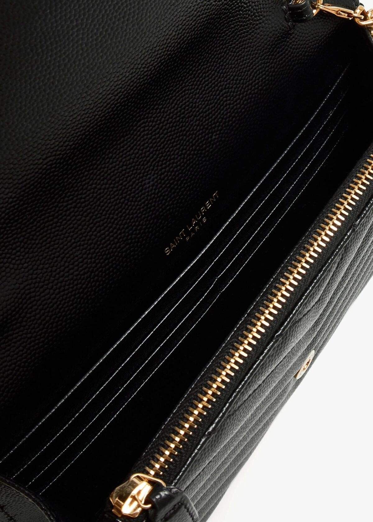 Front view of Saint Laurent Monogram Chain Wallet in black leather with a gold YSL logo.