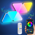 Three Nanoleaf triangular light panels glowing in different colors