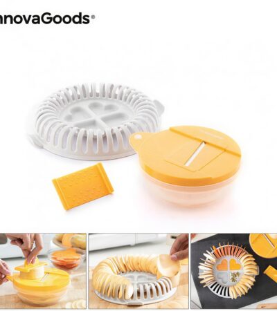 Orange and grey microwave chip maker tray with sliced potatoes and mandolin