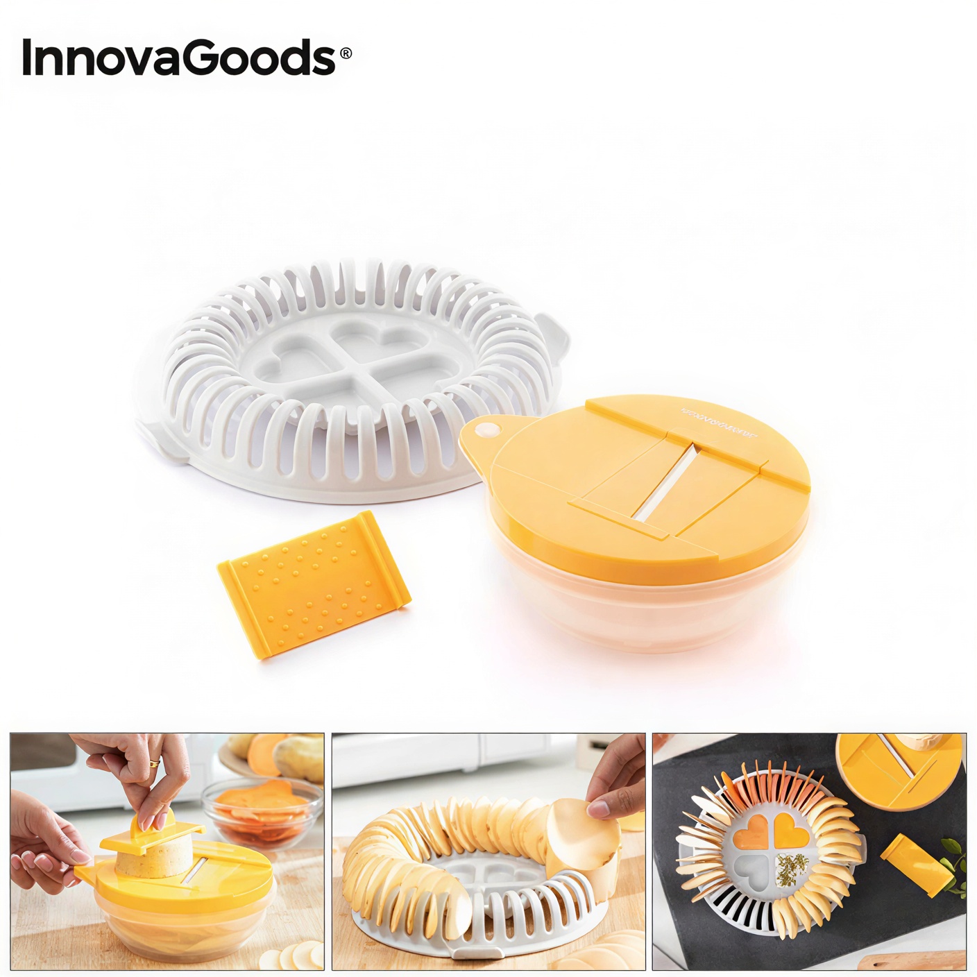 InnovaGoods-Microwave-Chips-Maker-Set Orange and grey microwave chip maker tray with sliced potatoes and mandolin