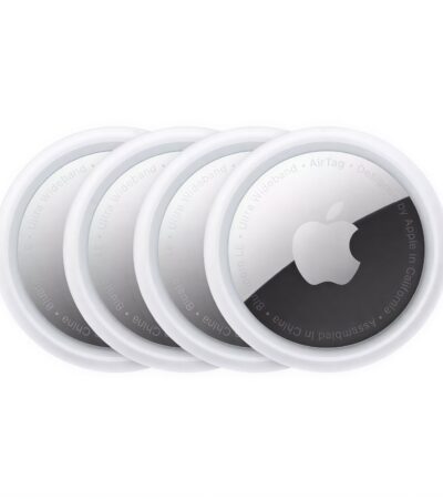 Four second-generation Apple AirTags shown from both front and back angles