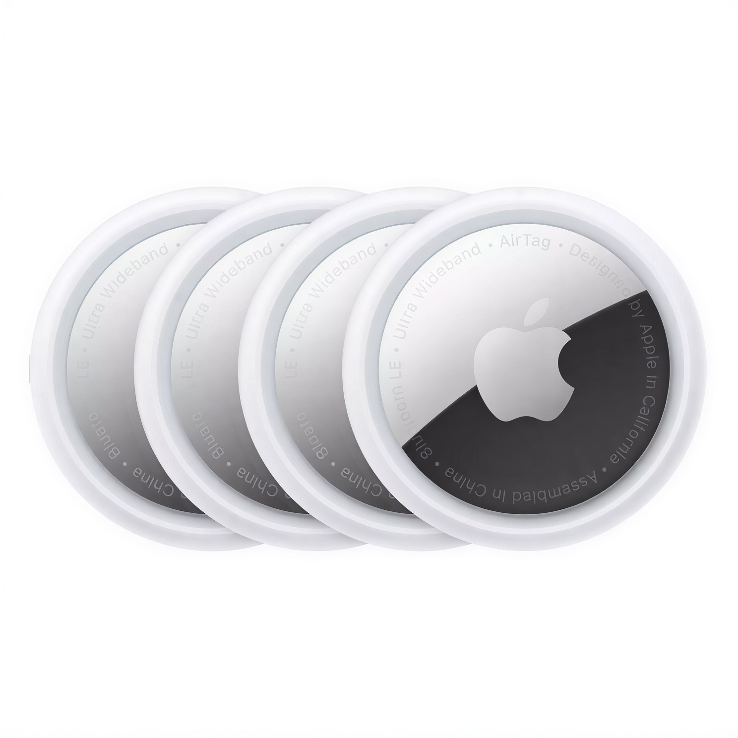 apple-airtag-4-pack-white-finish Four white Apple AirTags arranged in a square pattern