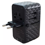 EQ 85W black universal power adapter with UK, EU, US, and AU plugs