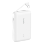 White Belkin 10K Power Bank with built-in USB-C cable for fast charging