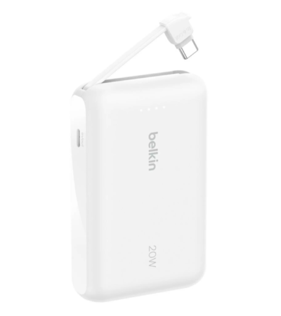 White Belkin 10K Power Bank with built-in USB-C cable for fast charging