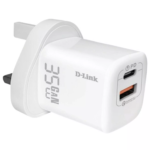 White D-Link 35W dual USB wall charger with GaN 3.0 technology