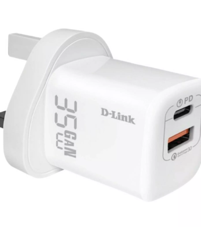 White D-Link 35W dual USB wall charger with GaN 3.0 technology