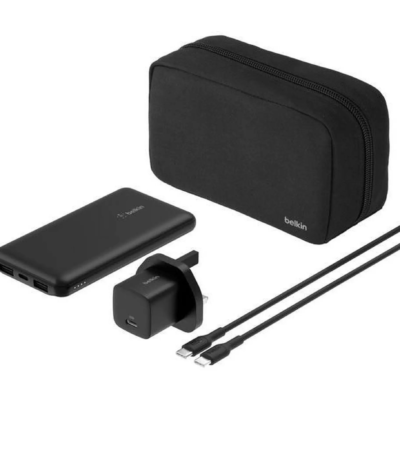 Belkin 10K Power Bank, 25W UK Wall Charger, and USB-C Cable in a travel pouch