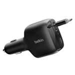 Black Belkin 75W 3-Port Car Charger with included USB-C/A cable