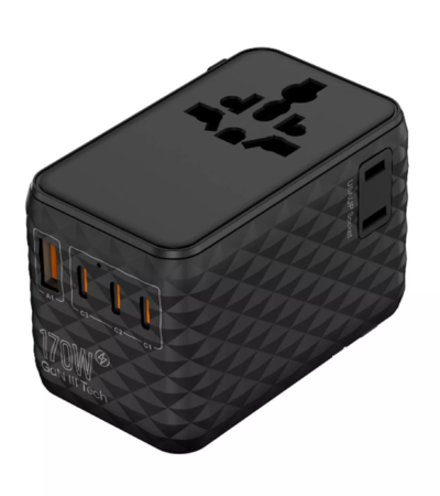 EQ universal travel adapter with multi-region plug sliders.