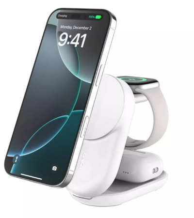 White Belkin 3-in-1 Foldable Magnetic Charger with 25W Qi2 Fast Charging
