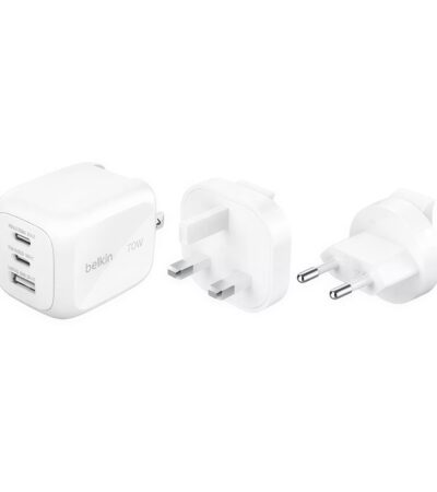 Belkin 70W 3-Port GaN Wall Charger in White with foldable pins