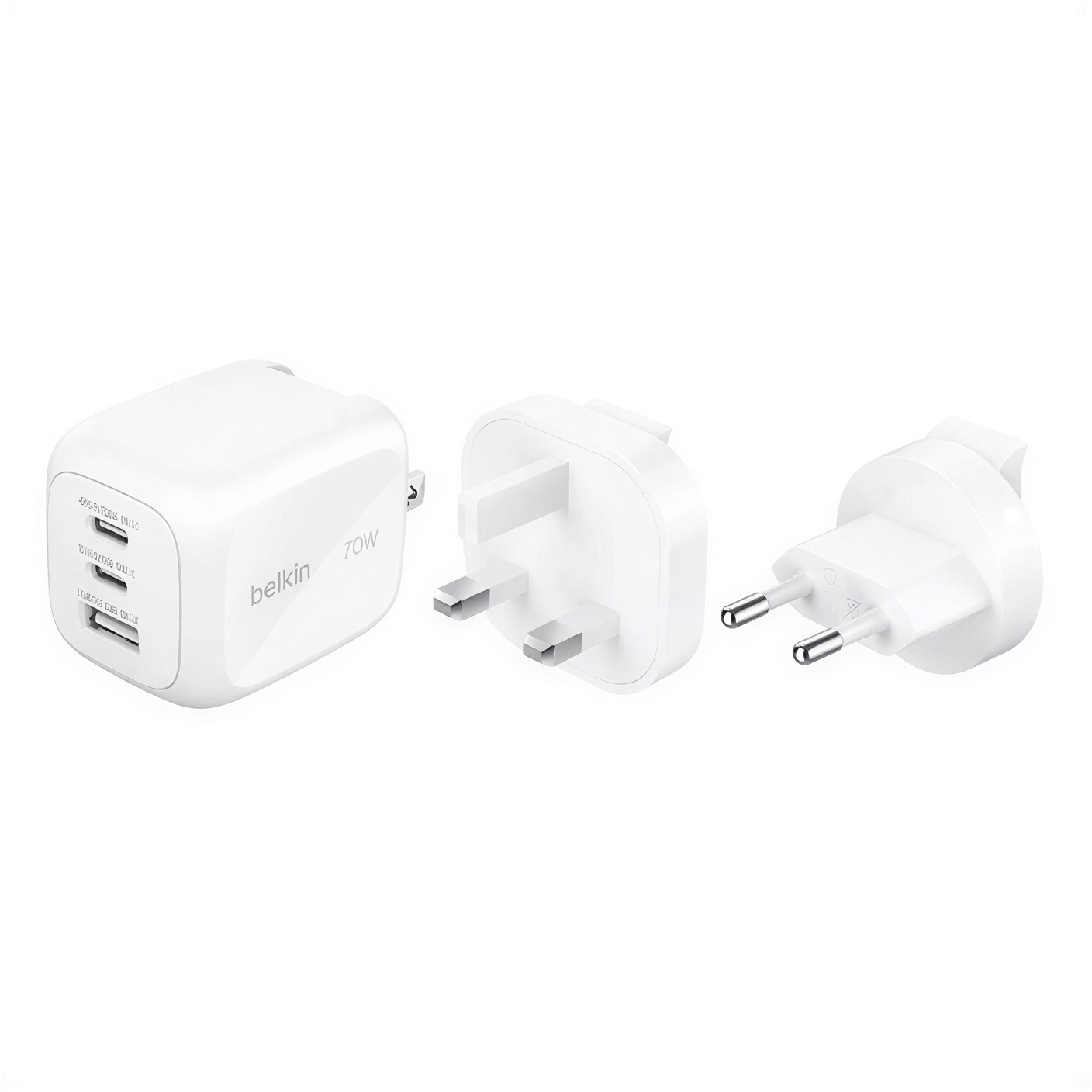 belkin-70w-3-port-gan-wall-charger-white-front Belkin 70W 3-Port GaN Wall Charger in White with foldable pins