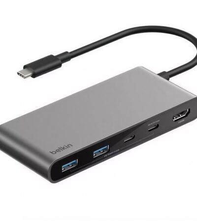 Belkin 7-in-1 USB-C Hub in Silver showing multiple ports and 100W PD support