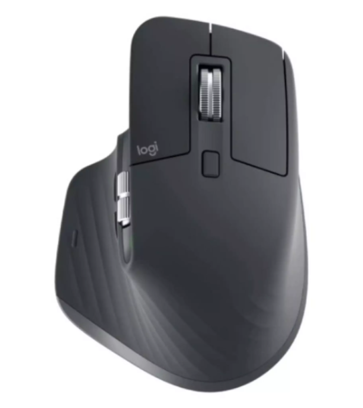 Logitech MX Master 3S wireless mouse in Graphite showing ergonomic thumb rest and scroll wheel.