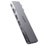 Anker 547 7-in-2 USB-C hub in silver plugged into a MacBook Pro.