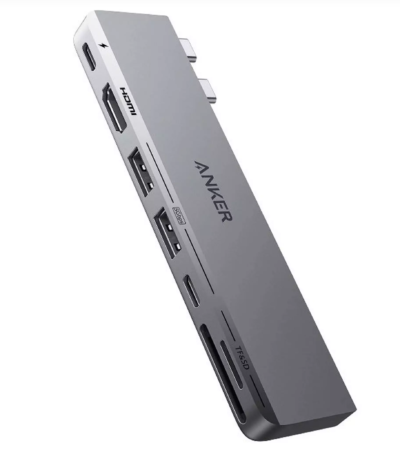 Anker 547 7-in-2 USB-C hub in silver plugged into a MacBook Pro.