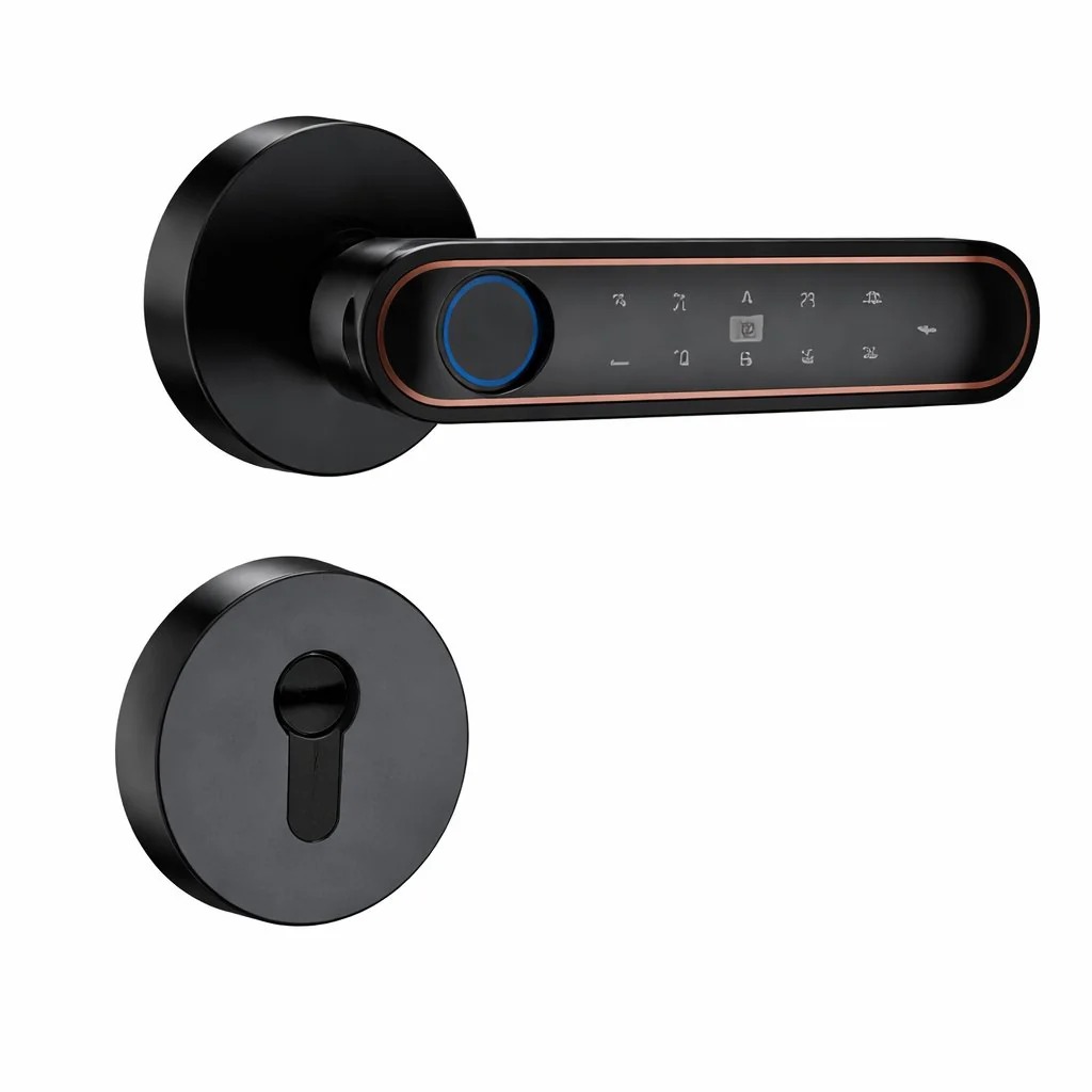 smart-lock-t12-black-keyless-entry-system Modern Smart Lock T12 with illuminated keypad and fingerprint sensor