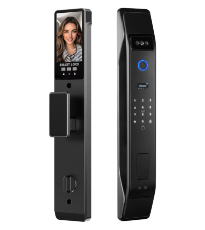 smart door lock featuring 3D face recognition, fingerprint sensor, and built-in camera.