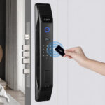 smart door lock featuring 3D face recognition, fingerprint sensor, and built-in camera.