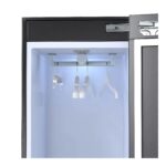 Freestanding smart clothing care wardrobe with digital touch interface.