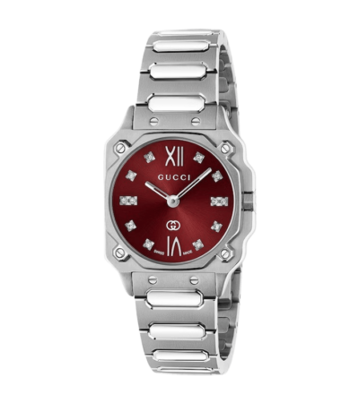 Gucci G-Flat 24mm stainless steel watch with burgundy diamond dial