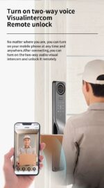 TYSH LWF27 smart lock with face recognition and video camera on a wooden door