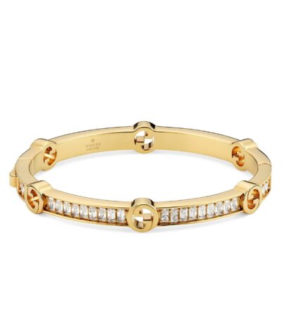 Gucci Blondie Crystal Bangle Bracelet in gold-toned brass with interlocking G logo.