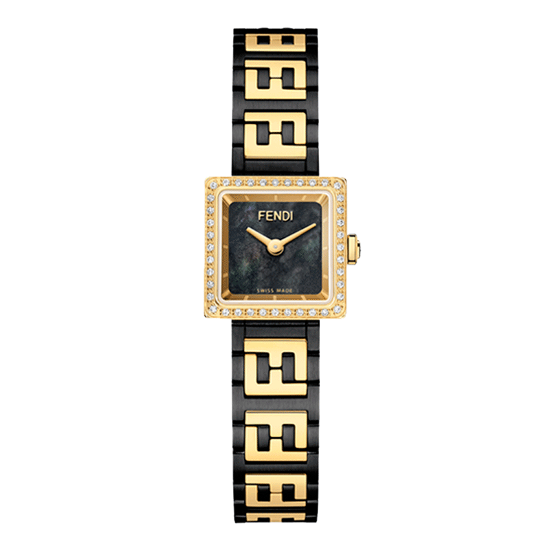 Forever-Fendi-Square-Diamond-Watch-Black-Gold Forever Fendi square watch with diamond bezel and black yellow gold FF logo bracelet