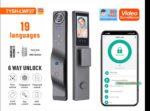 TYSH LWF27 smart lock with face recognition and video camera on a wooden door