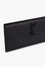 Front view of Saint Laurent Uptown Pouch in black Grain de Poudre leather with YSL logo