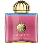 Amouage Imitation Woman perfume bottle with a vibrant neon blue and pink gradient.