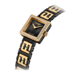 Forever Fendi square watch with diamond bezel and black yellow gold FF logo bracelet