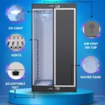 Freestanding smart clothing care wardrobe with digital touch interface.