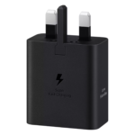 Black Samsung 45W USB-C wall charger with 1.8-meter USB-C to USB-C cable